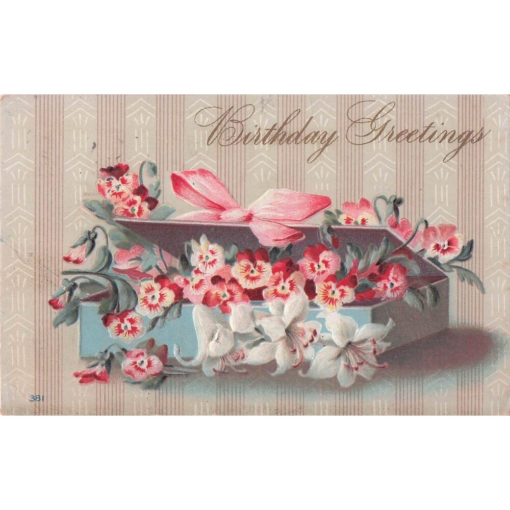 Vintage Birthday Greetings Postcard Embossed Flowers Gift Box Antique Floral art